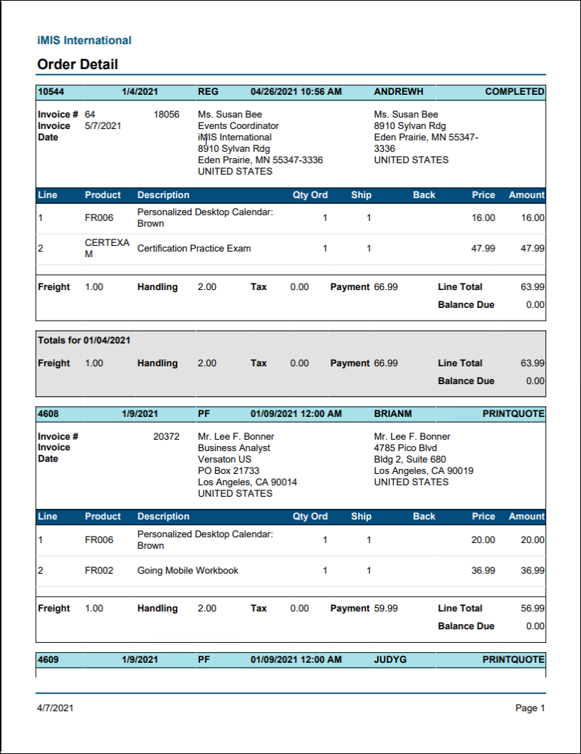 Viewing the Order Details report example