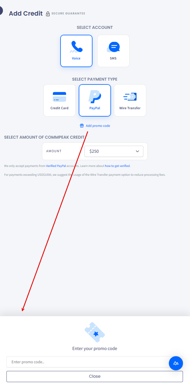 Screenshot with adding a promo code
