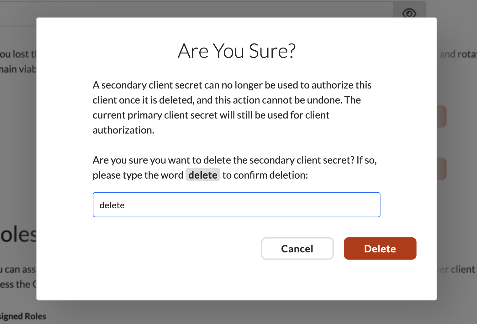 Are You Sure confirmation modal for deleting the secondary client secret.