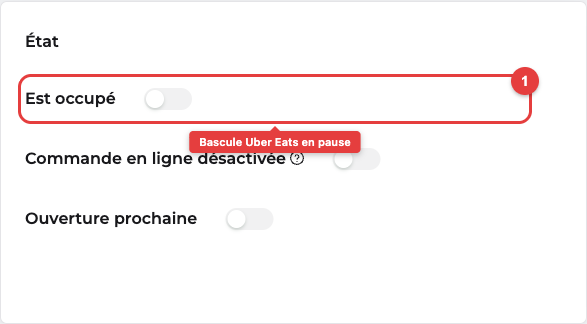 Carte État du restaurant avec le toggle Est occupé annoté