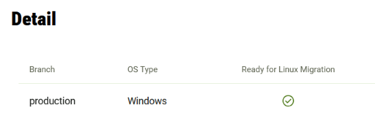 screenshot of the Mission Control instance detail page where the Ready for Linux Migration column displays a checkmark