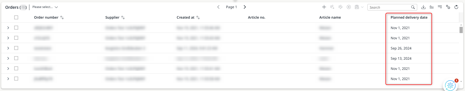 Display of the planned delivery date within the worklist