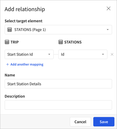 Data model relationship modal, showing a relationship definition that uses the stations table as the target element, with a column mapping of Start Station Id in the trip table to the Id column in the stations table.