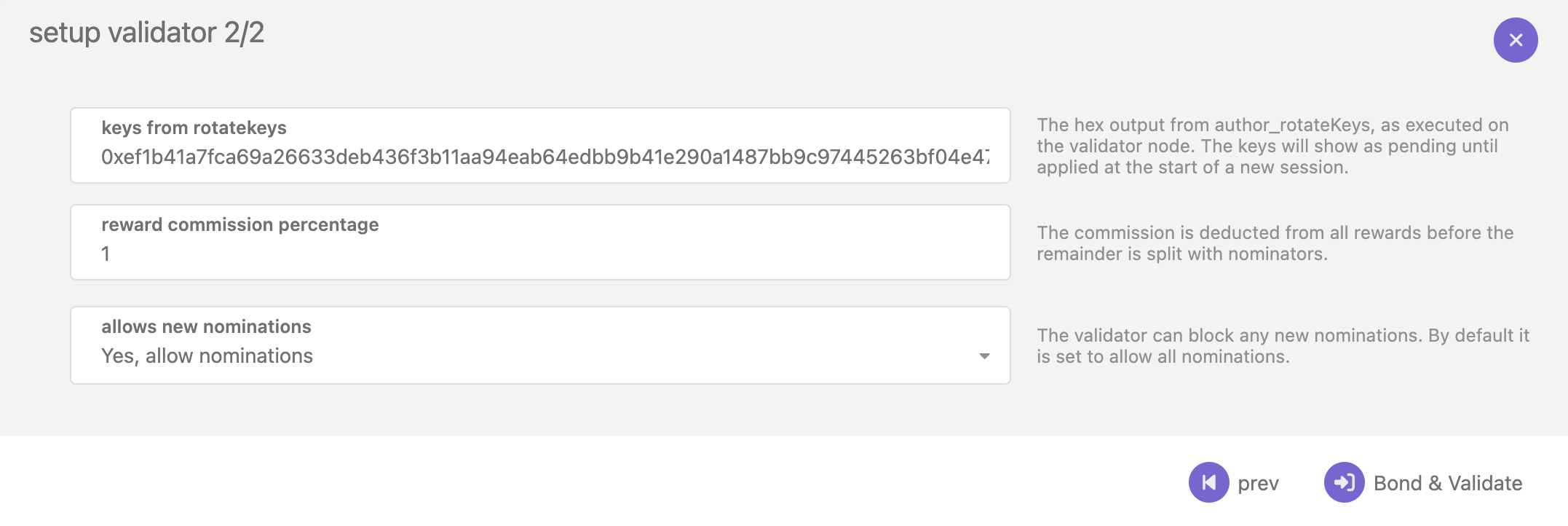 Page 2 of the Setup Validator — set keys, reward commission and allowing of nominations