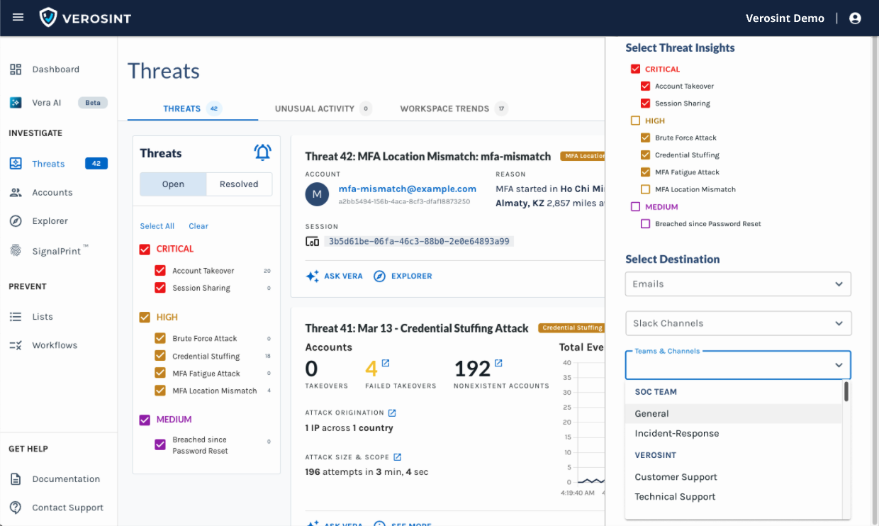 Select the Microsoft Teams & Channels to receive threat notifications