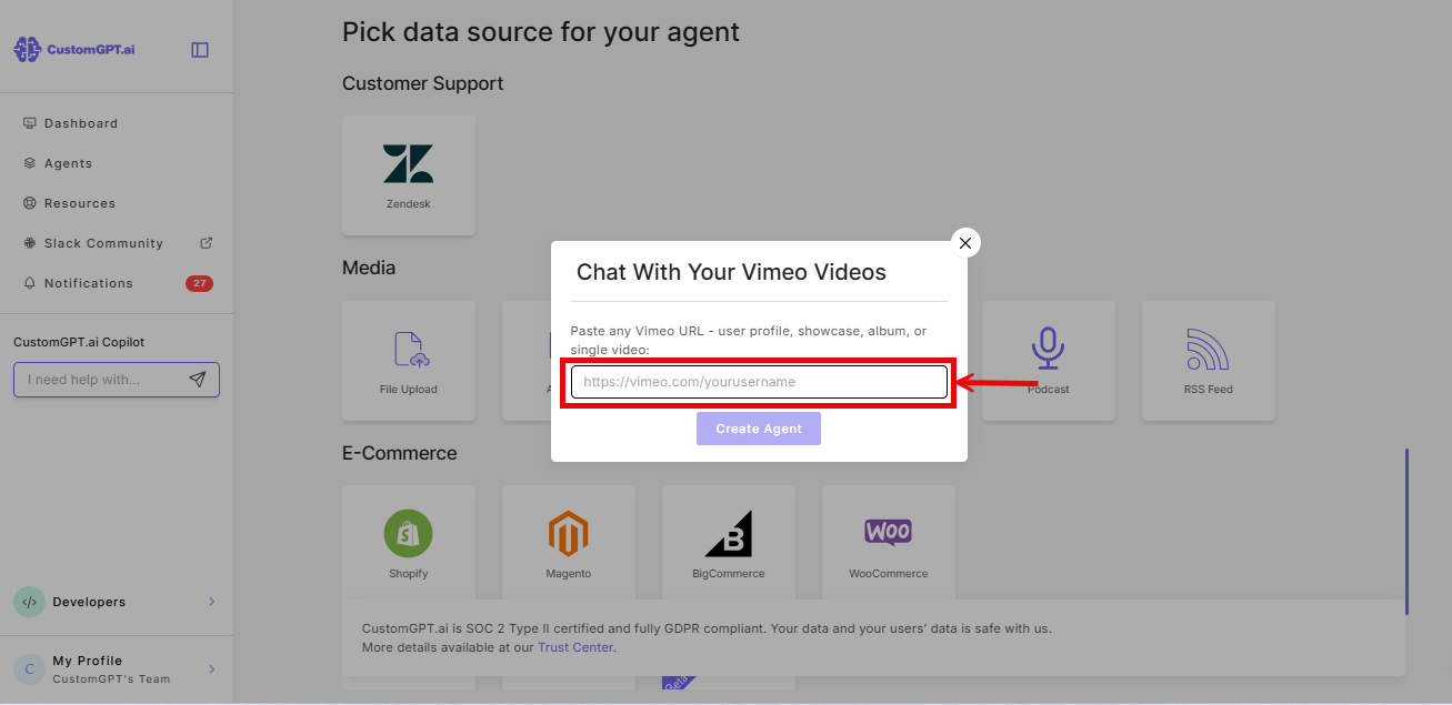 Input field on the Chat with your Vimeo Videos pop-up