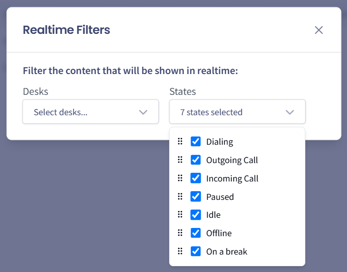 Screenshot with the realtime drop-down filters