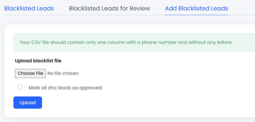 Screenshot of adding blacklisted leads