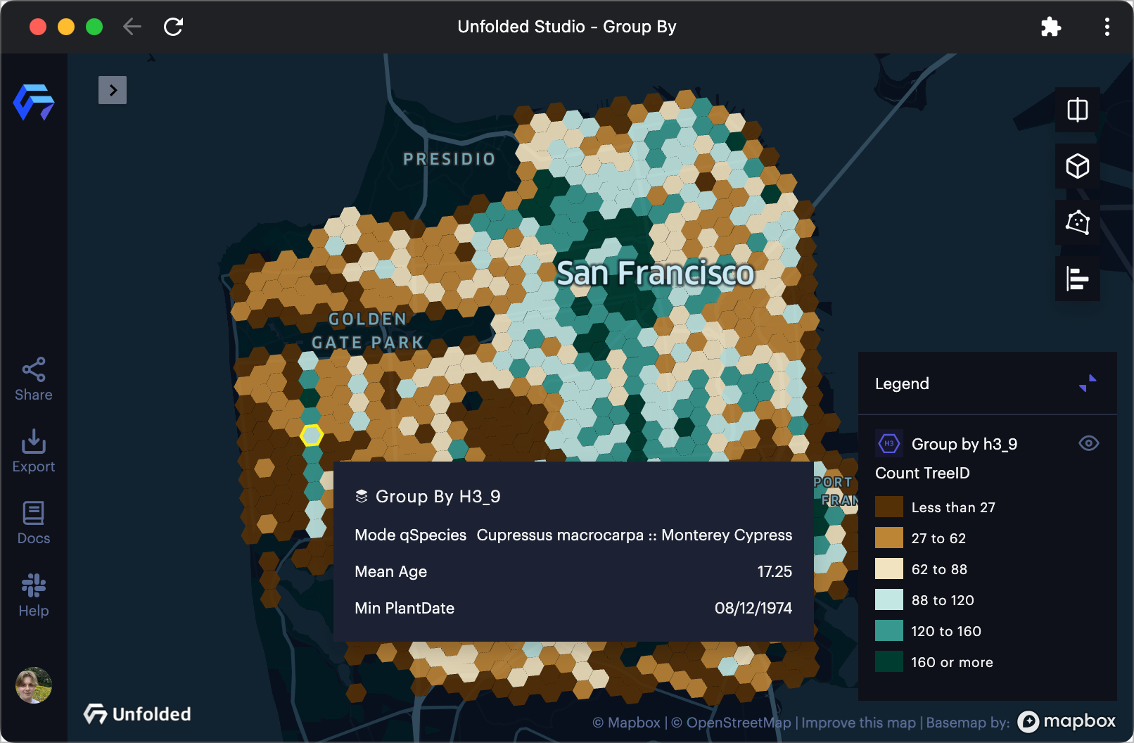 SF Tree data bucketed into H3 cells, colored by count.