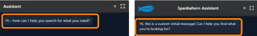 A shopping assistant with the default initial message vs. A shopping assistant with a custom initial message.
