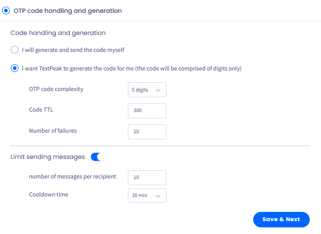 Screenshot of the **OTP code handling and generation** page