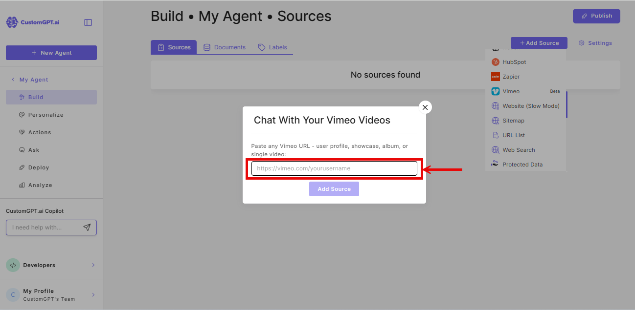 Input field to enter Vimeo url