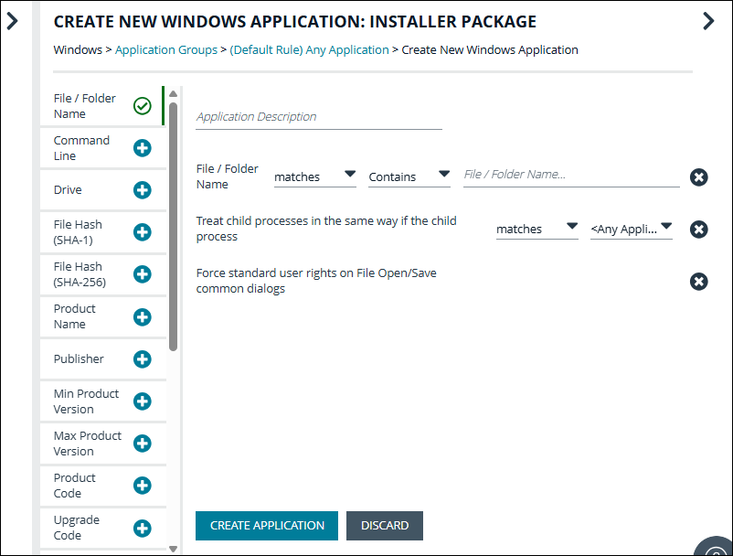 Application definition configuration for the installer pacakge