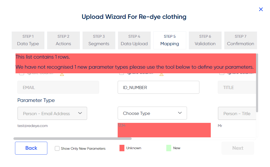 The following screen will display a preview of the columns/parameters from the data list. If they are **white **then they are **already defined **in the system and if they are **red **they will either need **amending to an existing parameter** or **defined as new**.  
This can be done by typing a new parameter name in the column field and/or using the drop down to choose a parameter type.