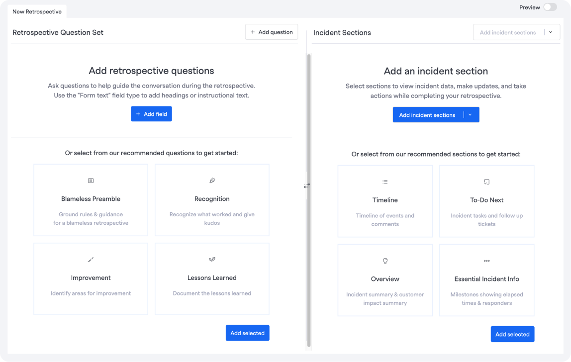 Recommended retrospective questions and incident sections 