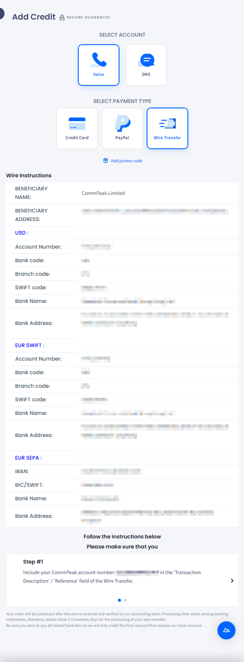 Screenshot with the Wire Transfer payment type selected