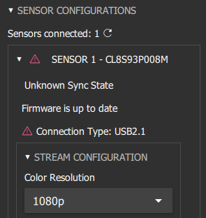 Depthkit displays a :warning: next to any sensors it detects with a USB 2.1 connection. Expand the sensor details to confirm.