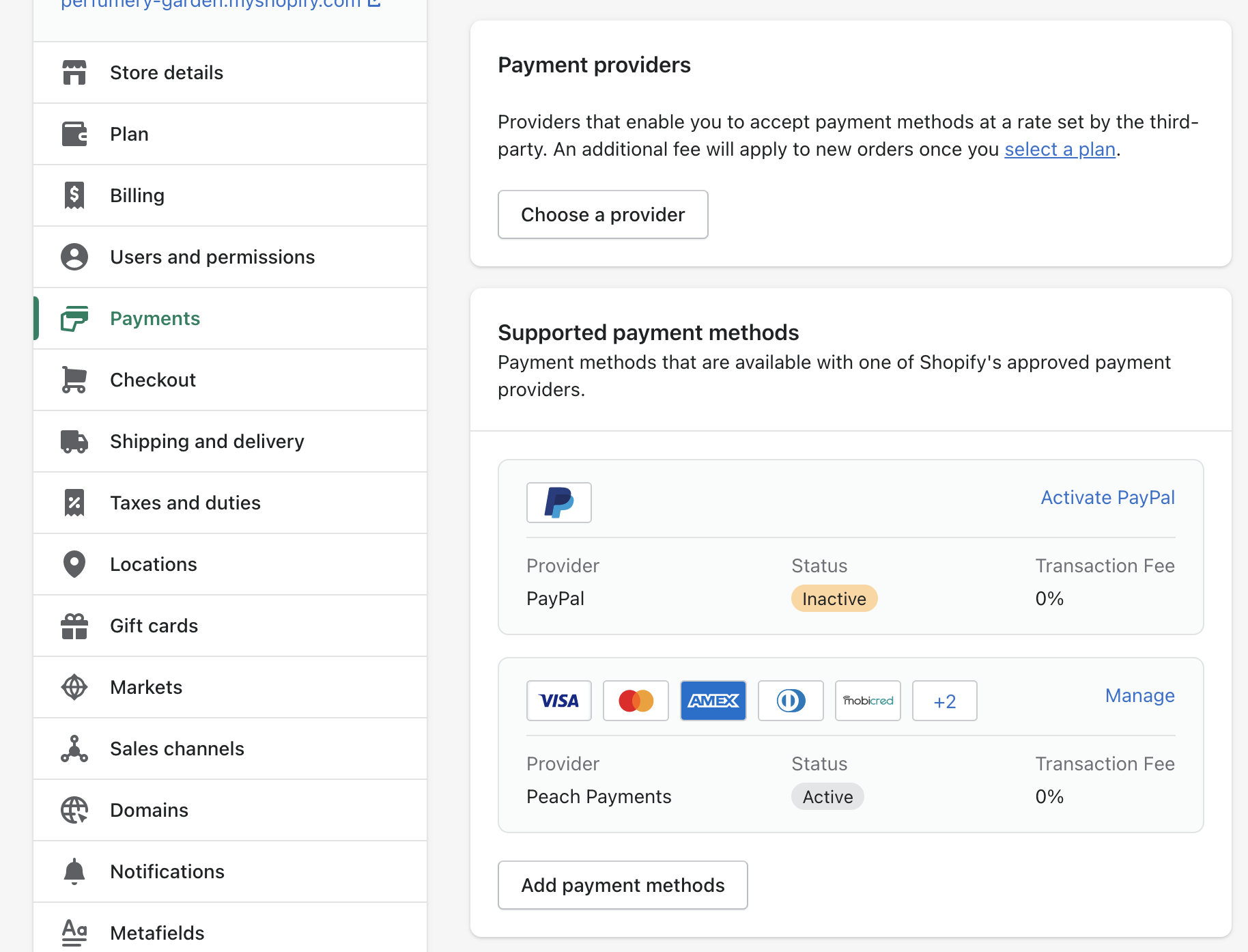Supported payment methods.