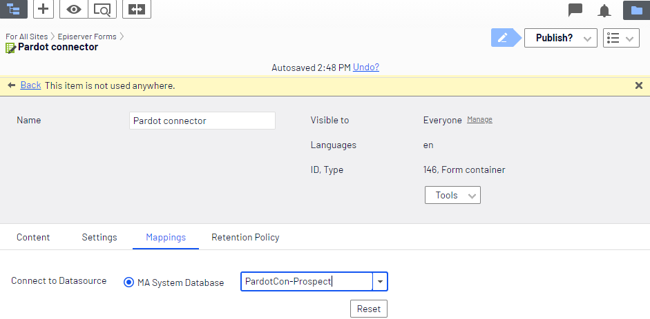 Screenshot of the Mappings tab where selecting the Prospect database for Pardot field mapping