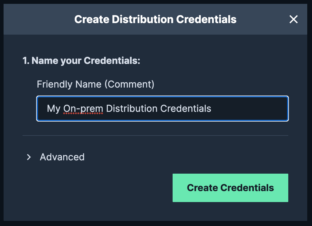 Create Distribution Credentials pop-up