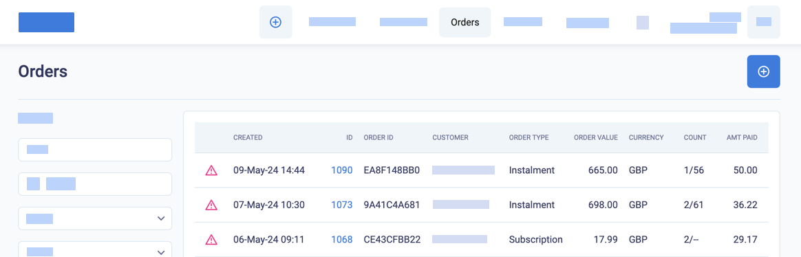 Failed orders in the Orders list