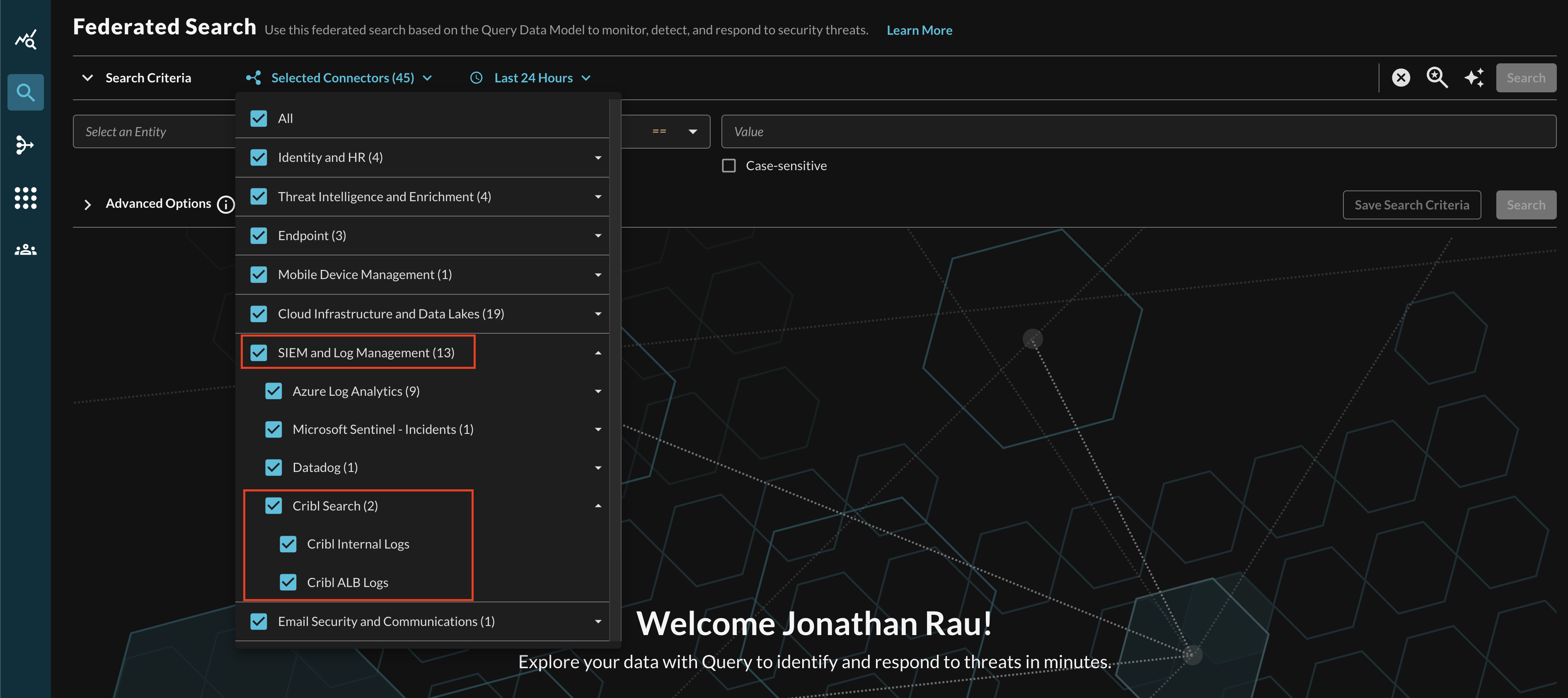 FIG. 6 - Selecting Cribl Search from the Query Connectors picker menu