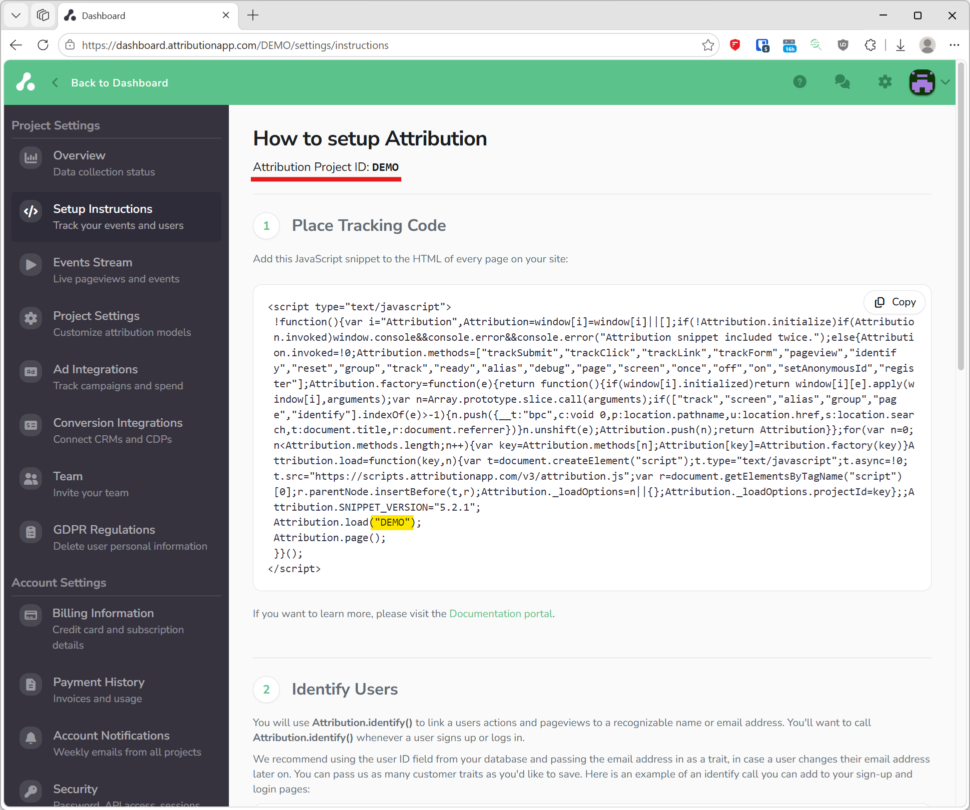 Settings, Setup Instructions: the Attribution Project ID at the top and the JavaScript snippet with a Copy button, the project ID highlighted inside Attribution.load()
