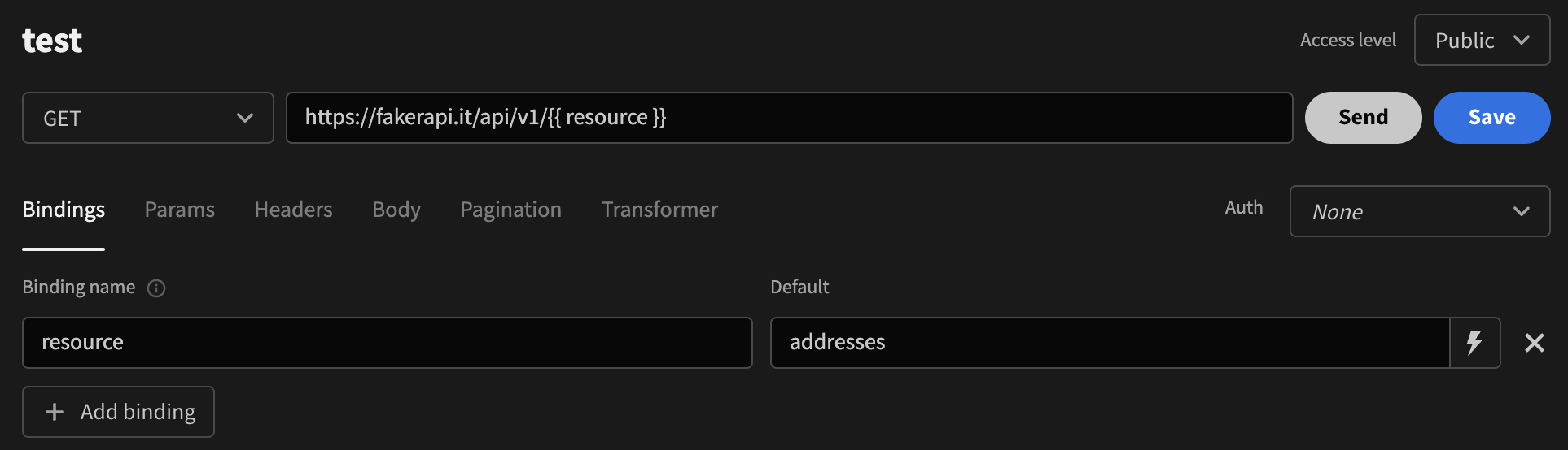 Our query with 'resource' binding as seen in the Data section