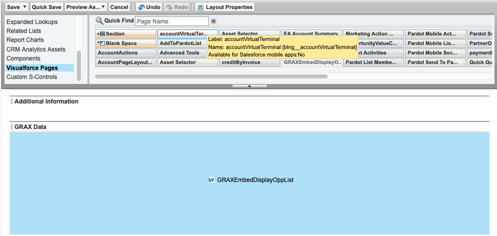 Salesforce Classic Account page layout with the GRAXEmbedDisplayOppList Visualforce page in the new blank section