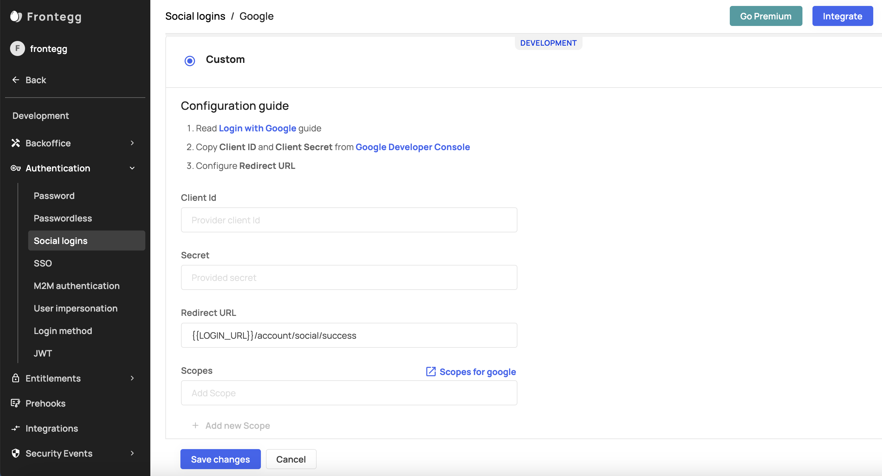Customizing Scopes for Google Social Login