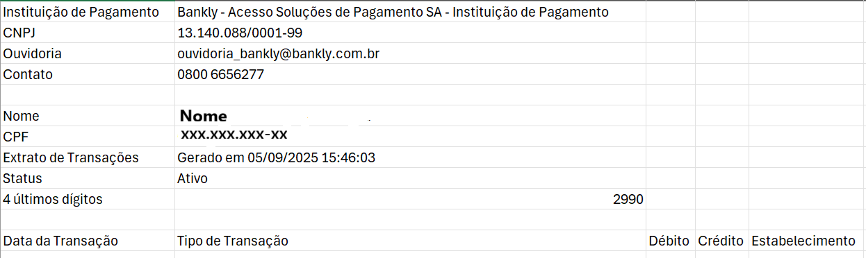 Exemplo de extrato de transações