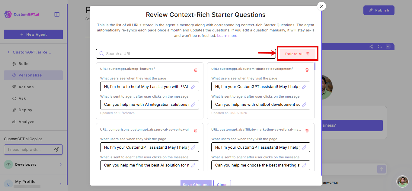 delete all button on the review context-rich starter questions pop-up window