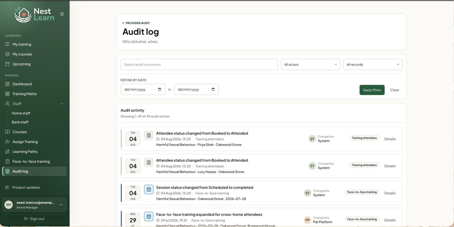The Audit log, with search, filters and the activity list