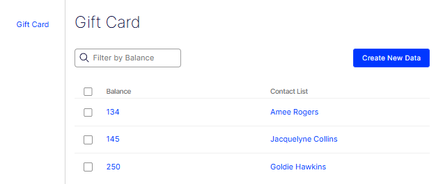 Meta Class Data page showing the Gift Card meta class records in a table with Balance and Contact List columns