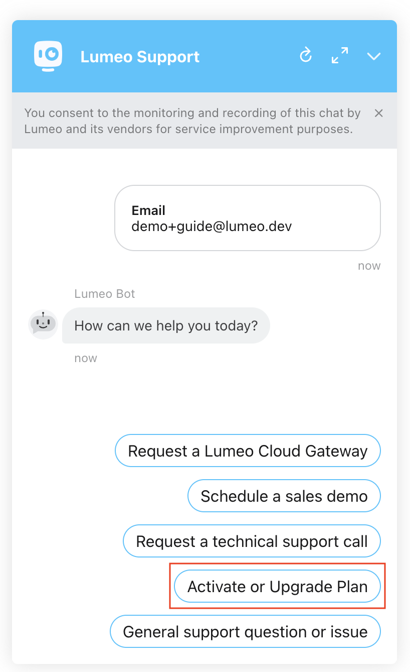 Activate or Upgrade plan in Lumeo support chat