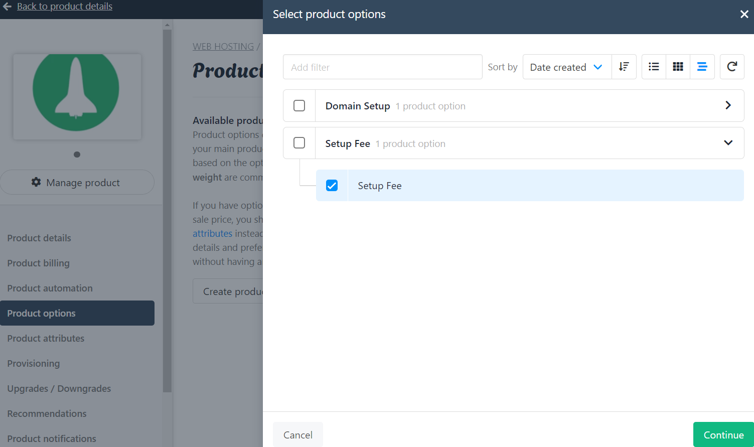Select the product option > setup fee