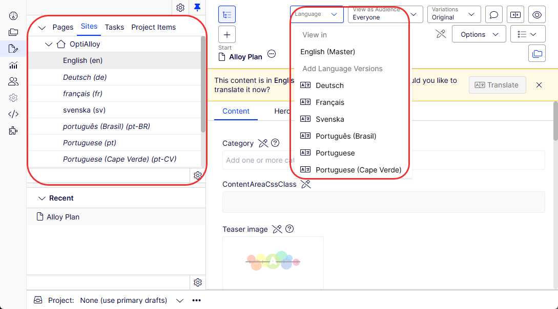 Screenshot of the Optimizely Languages interface where managing multilingual content and XLIFF translations