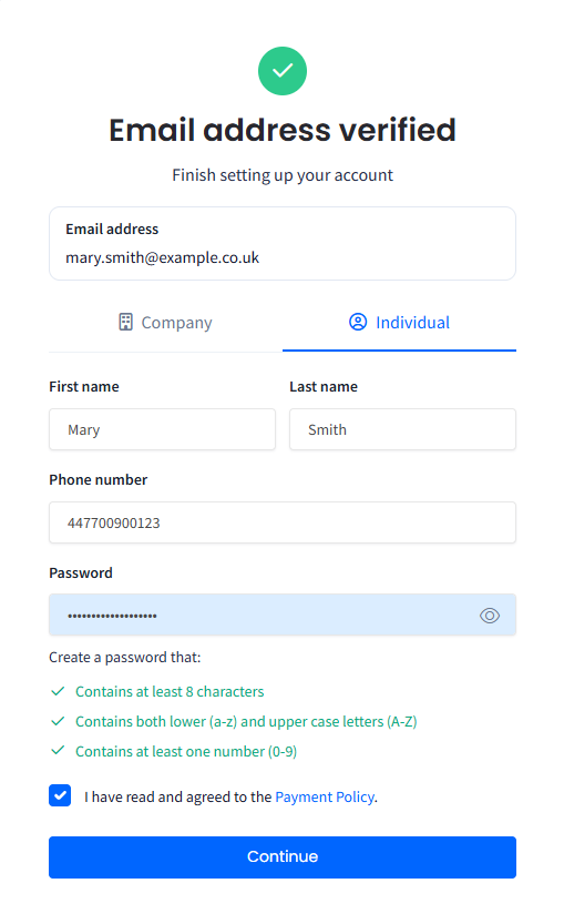 Screenshot of the Email address verified window