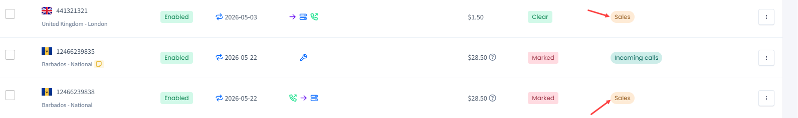 Screenshot of the tag added to the DID numbers