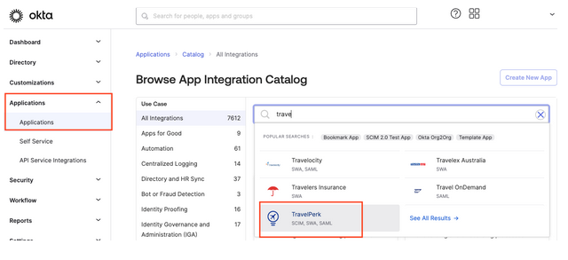 The Okta app catalog with the Perk integration selected.