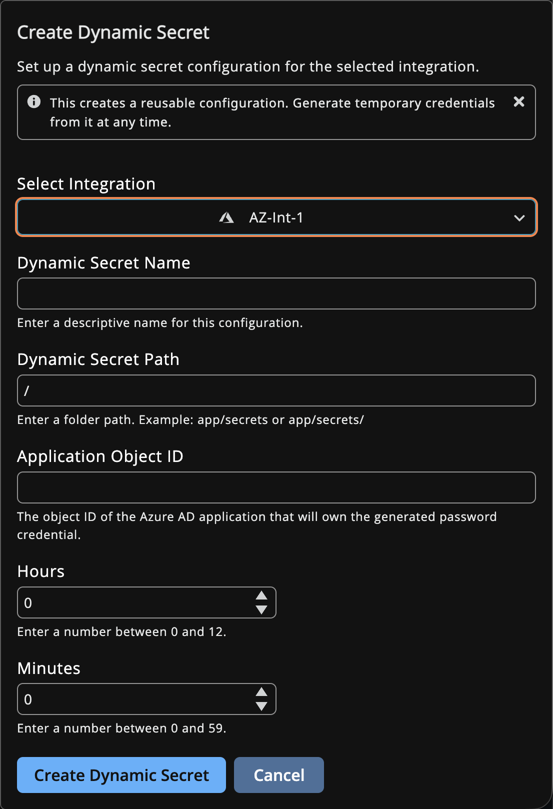 Create Dynamic Secret panel with an Azure connector selected, showing Name, Application Object ID, and TTL fields.