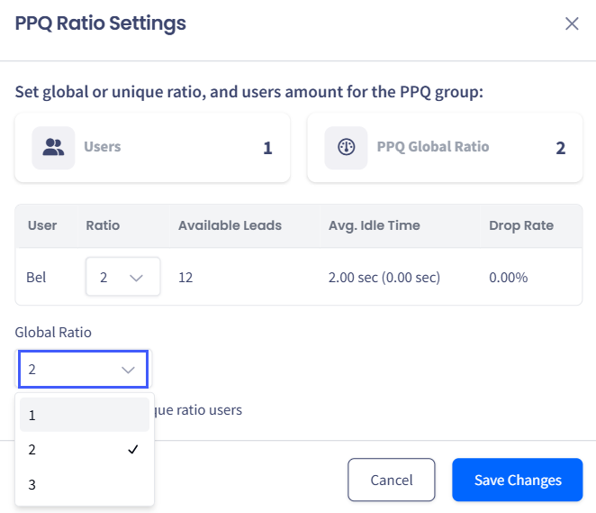 Screenshot of updating the ratio for agents with the default ratio