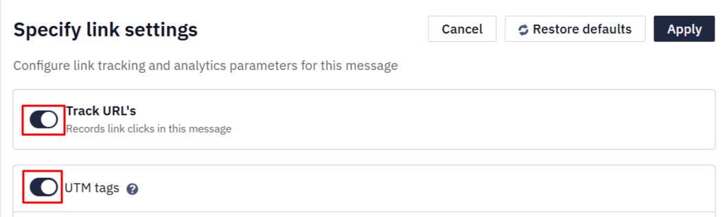 Track URLs and UTM tags switches enabled in Mobile Push advanced settings