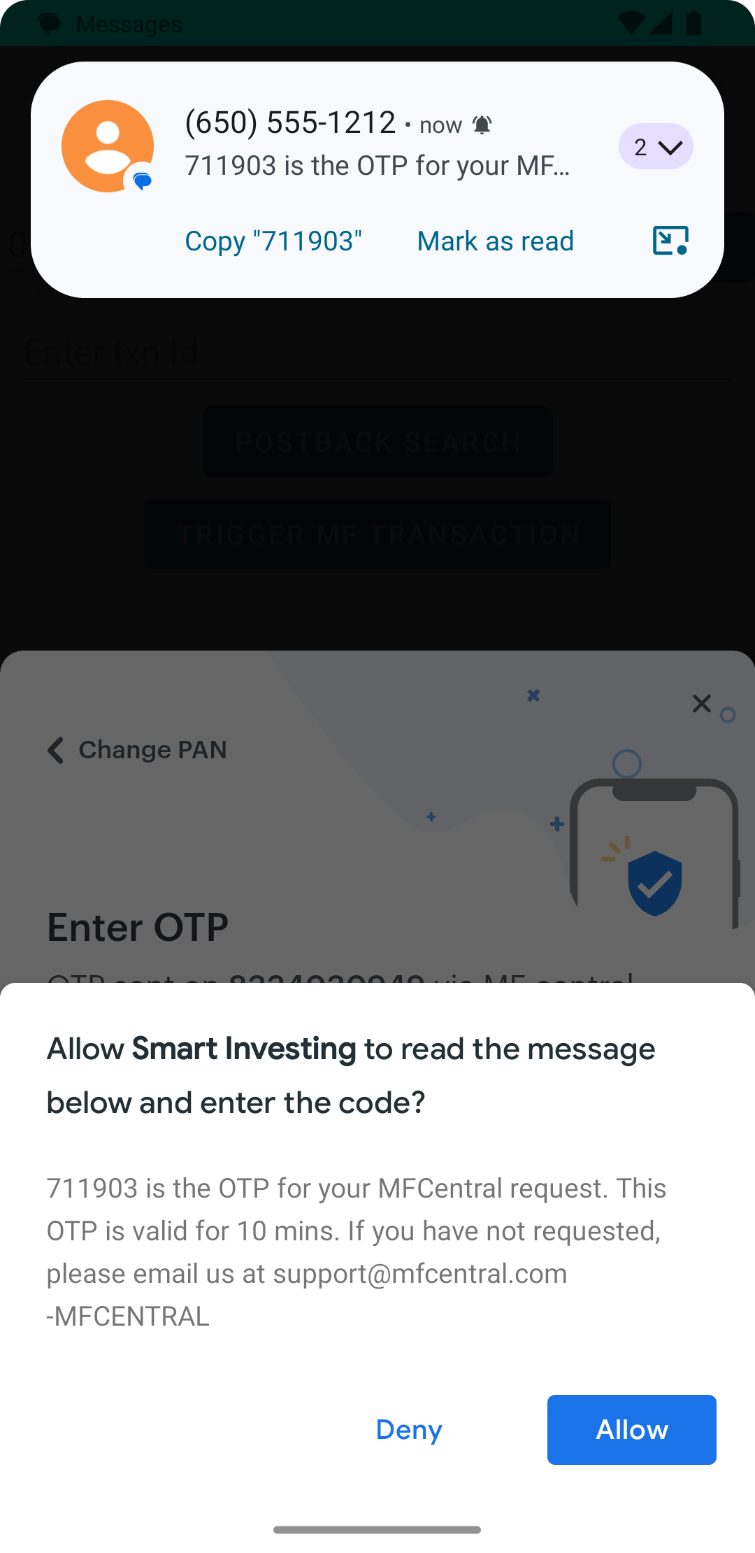The consent modal presented to the user. It contains the entire contents of the message so the user knows exactly which message he is allowing the SDK to read.