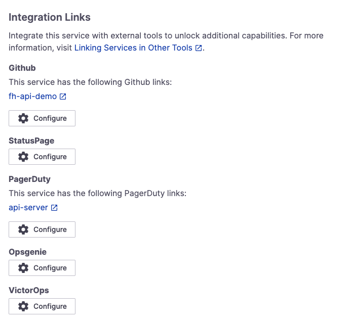 Integration Links section of a component