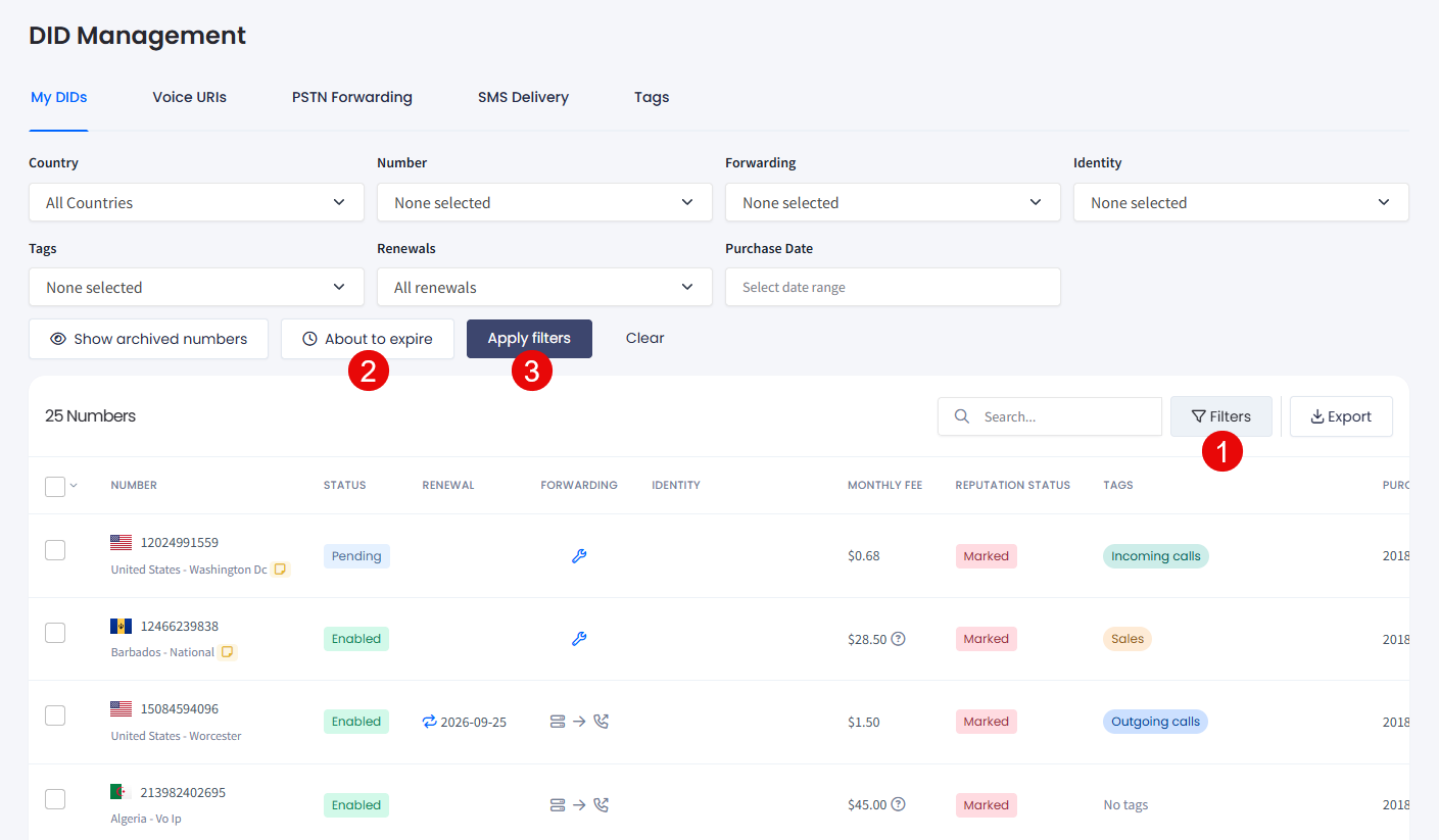 Screenshot with filtering About to expire DIDs