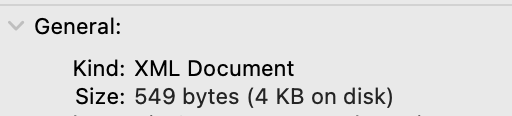 The macOS inspector shows the difference in size between a file's contents and disk space used.