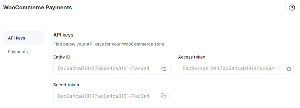 API keys for payment extensions, for example, WooCommerce.