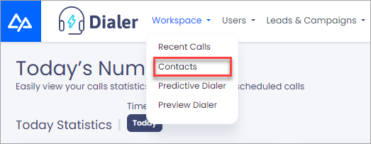 Screenshot with the Contacts in the Workspace menu