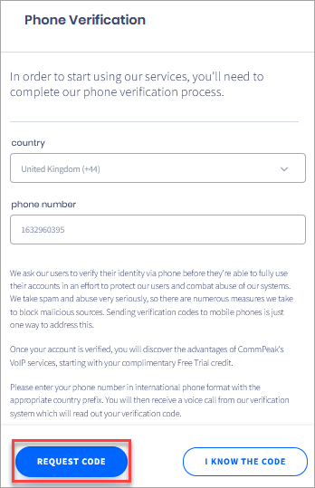 Screenshot of the code request for phone verification